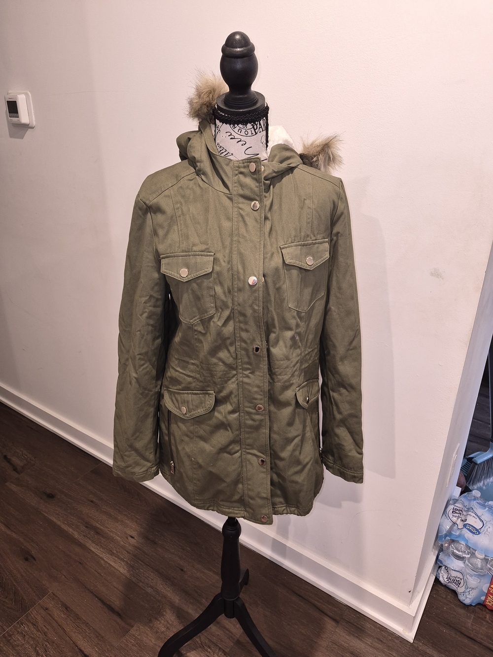 Guess Olive Green Hooded Utility Parka with Faux Fur Trim Size S